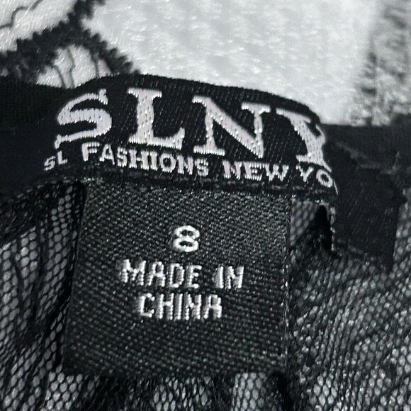 SLNY Mesh & Knit Black White Cocktail Party Guest Retro Knee Length Twofer Dress - Picture 11 of 12